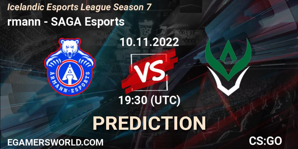 Ármann vs SAGA Esports: Match Prediction. 10.11.2022 at 19:30, Counter-Strike (CS2), Icelandic Esports League Season 7