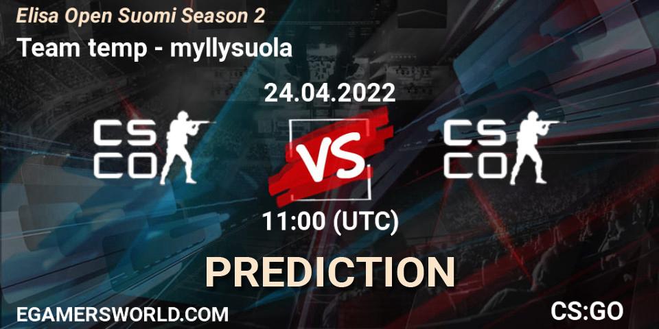 Team temp vs myllysuola: Match Prediction. 24.04.2022 at 11:00, Counter-Strike (CS2), Elisa Open Suomi Season 2