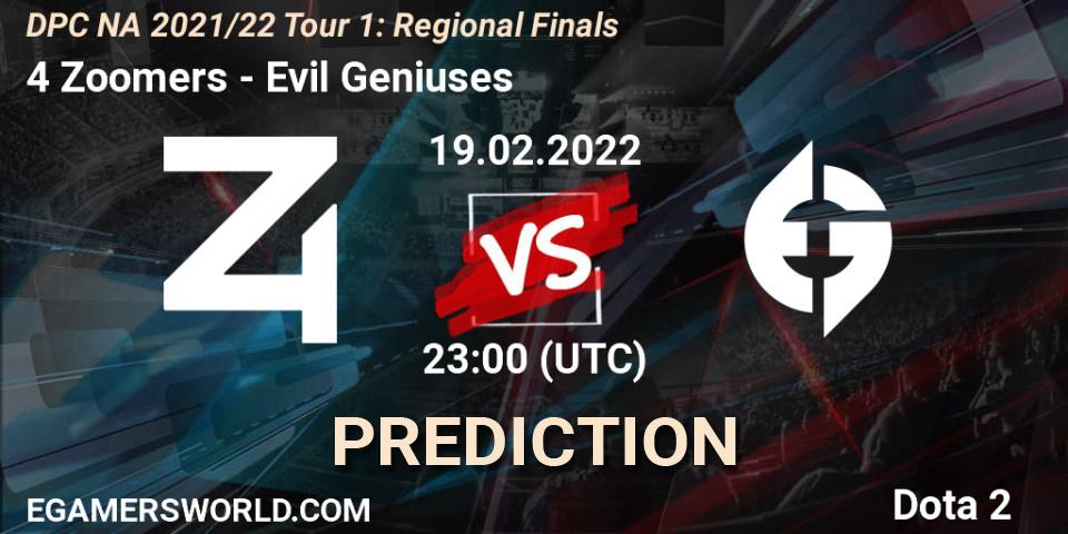 4 Zoomers vs Evil Geniuses: Match Prediction. 19.02.2022 at 23:03, Dota 2, DPC NA 2021/22 Tour 1: Regional Finals
