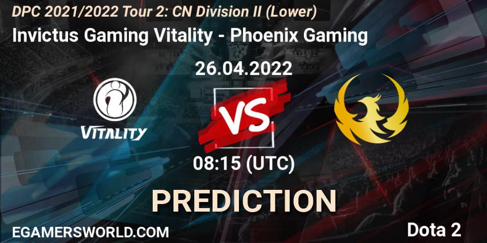 Invictus Gaming Vitality vs Phoenix Gaming: Match Prediction. 26.04.2022 at 08:22, Dota 2, DPC 2021/2022 Tour 2: CN Division II (Lower)