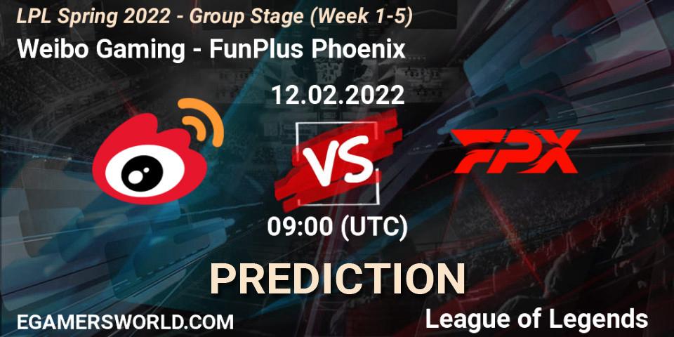 Weibo Gaming vs FunPlus Phoenix: Match Prediction. 12.02.2022 at 09:00, LoL, LPL Spring 2022 - Group Stage (Week 1-5)