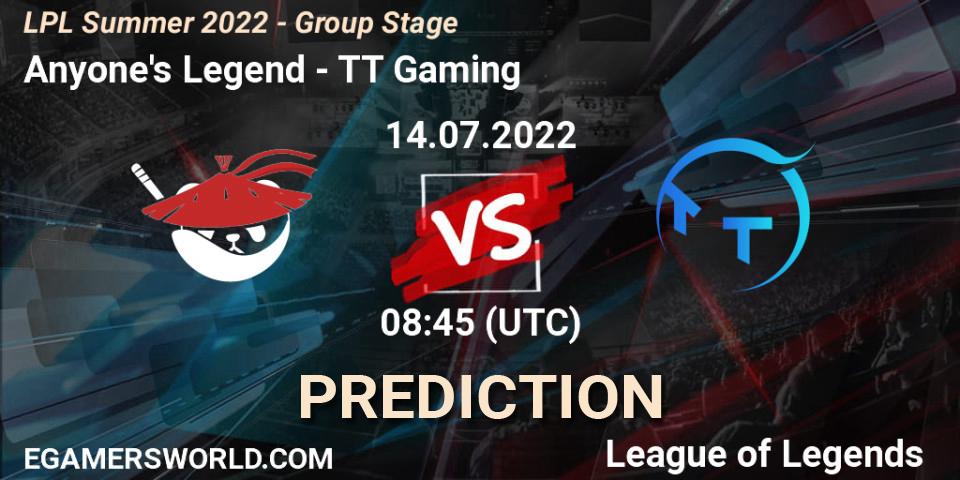 Anyone's Legend vs TT Gaming: Match Prediction. 14.07.22, LoL, LPL Summer 2022 - Group Stage