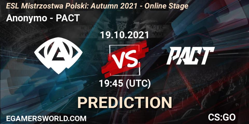 Anonymo vs PACT: Match Prediction. 19.10.2021 at 19:45, Counter-Strike (CS2), ESL Mistrzostwa Polski: Autumn 2021 - Online Stage