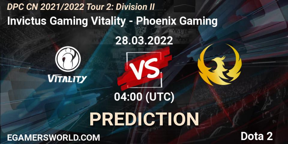 Invictus Gaming Vitality vs Phoenix Gaming: Match Prediction. 28.03.2022 at 04:04, Dota 2, DPC 2021/2022 Tour 2: CN Division II (Lower)