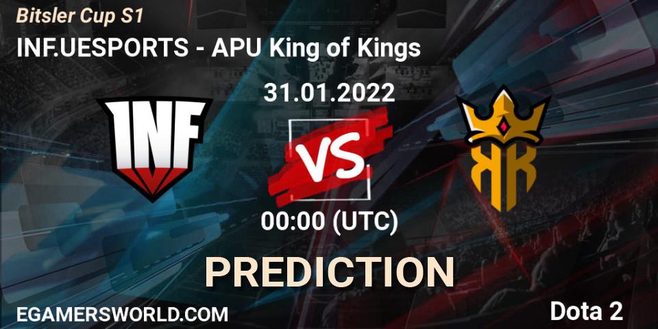 INF.UESPORTS vs APU King of Kings: Match Prediction. 30.01.2022 at 21:05, Dota 2, Bitsler Cup S1