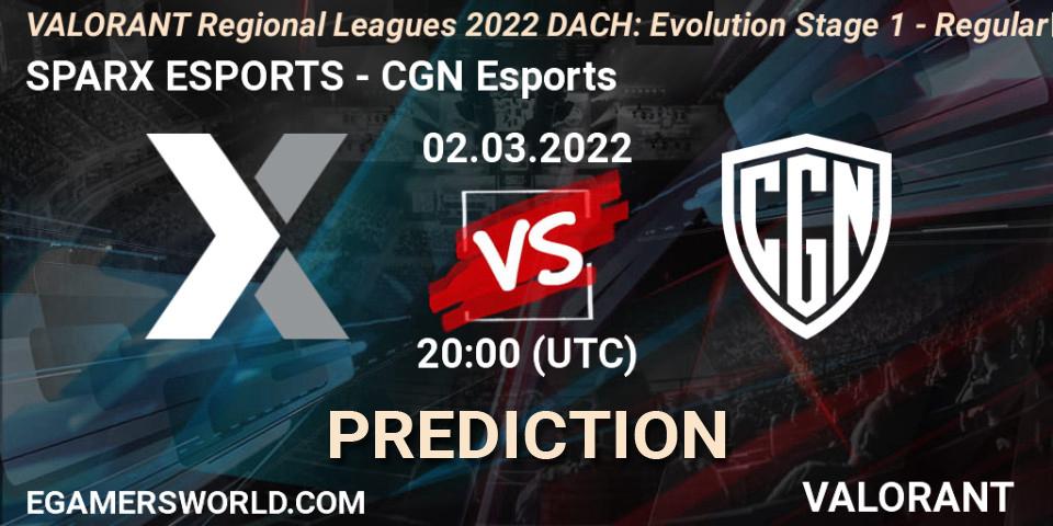 SPARX ESPORTS vs CGN Esports: Match Prediction. 02.03.2022 at 20:00, VALORANT, VALORANT Regional Leagues 2022 DACH: Evolution Stage 1 - Regular Season