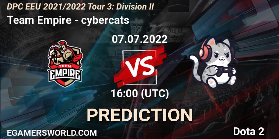 Team Empire vs cybercats: Match Prediction. 07.07.2022 at 16:07, Dota 2, DPC EEU 2021/2022 Tour 3: Division II