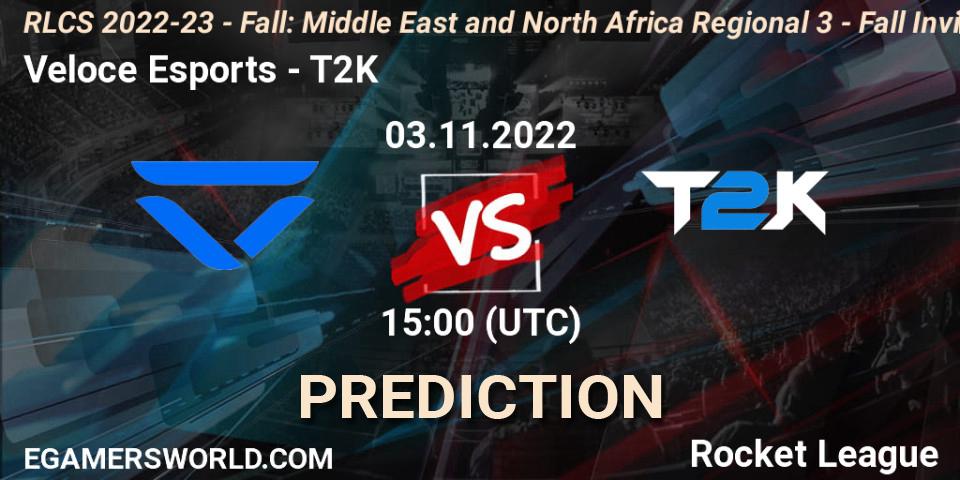Veloce Esports vs T2K: Match Prediction. 03.11.22, Rocket League, RLCS 2022-23 - Fall: Middle East and North Africa Regional 3 - Fall Invitational