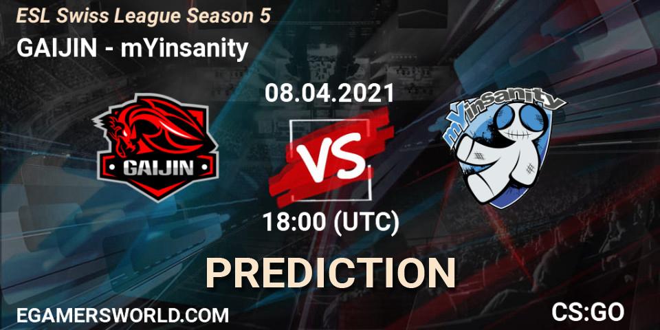 GAIJIN vs mYinsanity: Match Prediction. 08.04.2021 at 18:00, Counter-Strike (CS2), ESL Swiss League Season 5