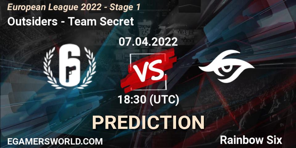 Outsiders vs Team Secret: Match Prediction. 07.04.2022 at 16:00, Rainbow Six, European League 2022 - Stage 1