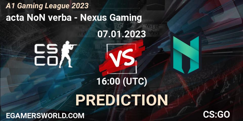 acta NoN verba vs Nexus Gaming: Match Prediction. 07.01.2023 at 16:00, Counter-Strike (CS2), A1 Gaming League 2023