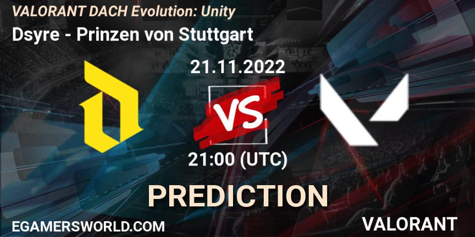 Dsyre vs Prinzen von Stuttgart: Match Prediction. 21.11.2022 at 21:00, VALORANT, VALORANT DACH Evolution: Unity