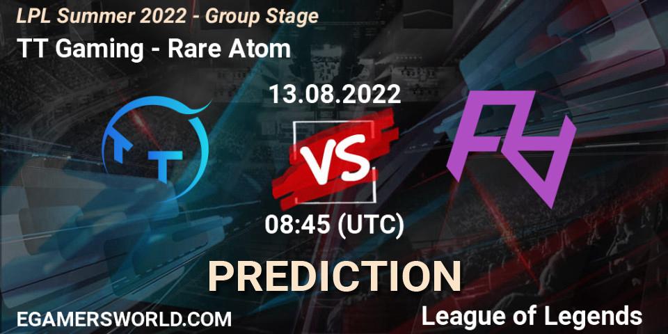 TT Gaming vs Rare Atom: Match Prediction. 13.08.2022 at 09:00, LoL, LPL Summer 2022 - Group Stage