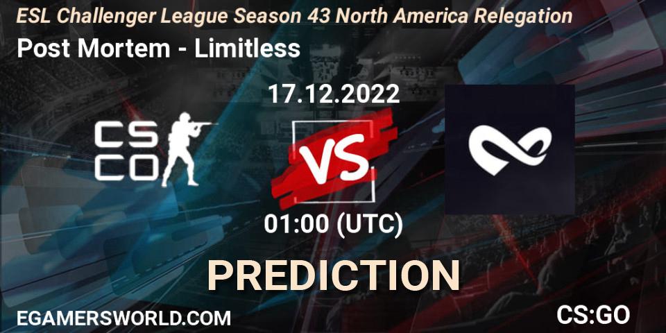 Post Mortem vs Limitless: Match Prediction. 17.12.2022 at 01:00, Counter-Strike (CS2), ESL Challenger League Season 43 North America Relegation