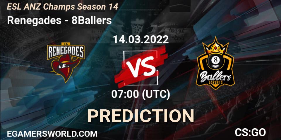 Renegades vs 8Ballers: Match Prediction. 14.03.2022 at 07:00, Counter-Strike (CS2), ESL ANZ Champs Season 14