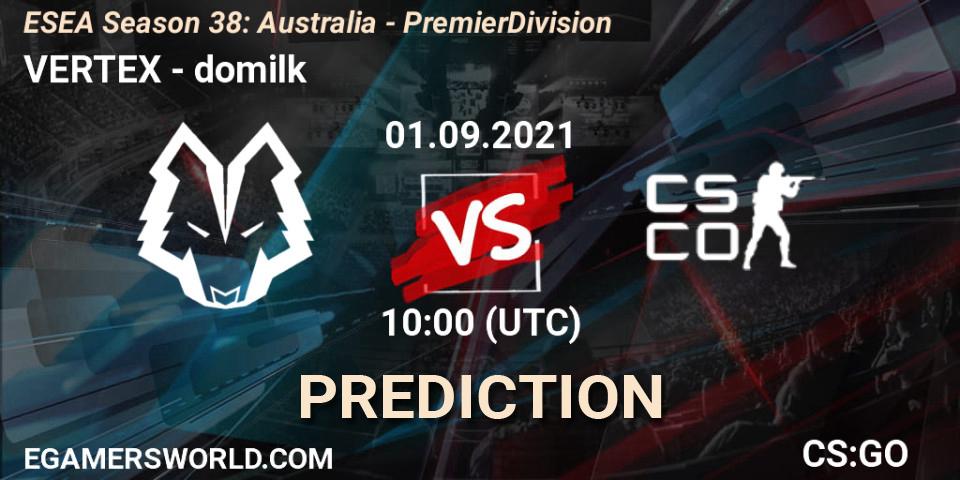 VERTEX vs domilk: Match Prediction. 01.09.2021 at 10:00, Counter-Strike (CS2), ESEA Season 38: Australia - Premier Division