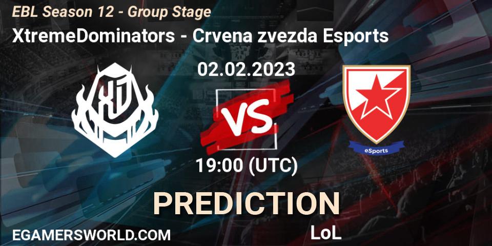 XtremeDominators vs Crvena zvezda Esports: Match Prediction. 02.02.2023 at 19:00, LoL, EBL Season 12 - Group Stage