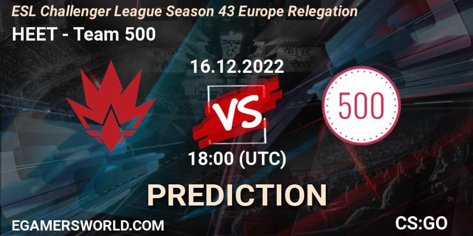 HEET vs Team 500: Match Prediction. 16.12.2022 at 17:00, Counter-Strike (CS2), ESL Challenger League Season 43 Europe Relegation