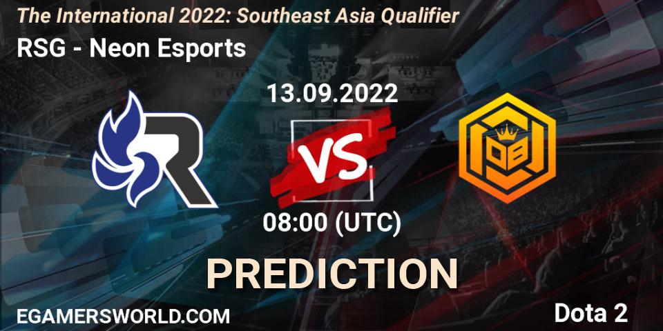 RSG vs Neon Esports: Match Prediction. 13.09.2022 at 07:19, Dota 2, The International 2022: Southeast Asia Qualifier