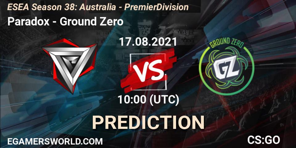 Paradox vs Ground Zero: Match Prediction. 17.08.2021 at 10:00, Counter-Strike (CS2), ESEA Season 38: Australia - Premier Division
