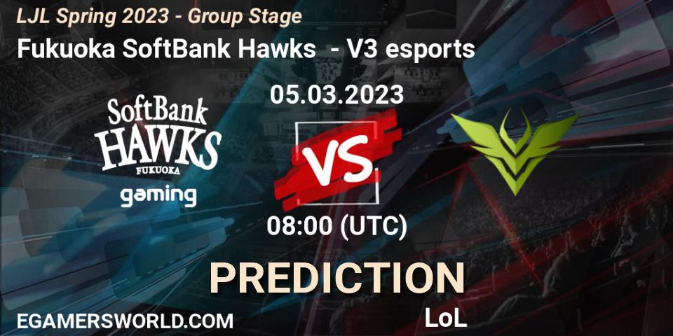 Fukuoka SoftBank Hawks vs V3 esports: Match Prediction. 05.03.2023 at 08:00, LoL, LJL Spring 2023 - Group Stage