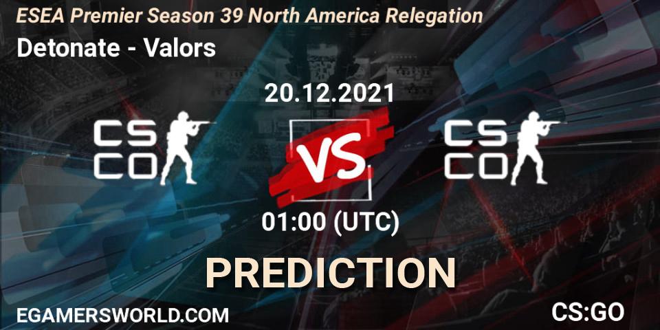 Detonate vs Valors: Match Prediction. 20.12.2021 at 02:30, Counter-Strike (CS2), ESEA Premier Season 39 North America Relegation