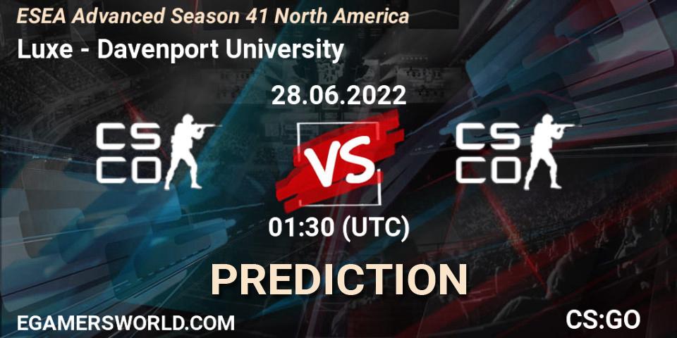 Luxe vs Davenport University: Match Prediction. 28.06.2022 at 02:00, Counter-Strike (CS2), ESEA Advanced Season 41 North America
