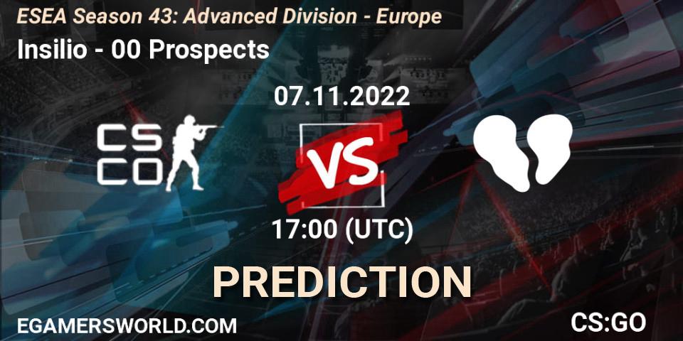 Insilio vs 00 Prospects: Match Prediction. 07.11.2022 at 17:00, Counter-Strike (CS2), ESEA Season 43: Advanced Division - Europe