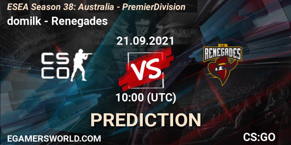 domilk vs Renegades: Match Prediction. 21.09.2021 at 10:00, Counter-Strike (CS2), ESEA Season 38: Australia - Premier Division