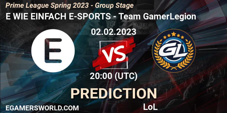 E WIE EINFACH E-SPORTS vs Team GamerLegion: Match Prediction. 02.02.2023 at 18:00, LoL, Prime League Spring 2023 - Group Stage