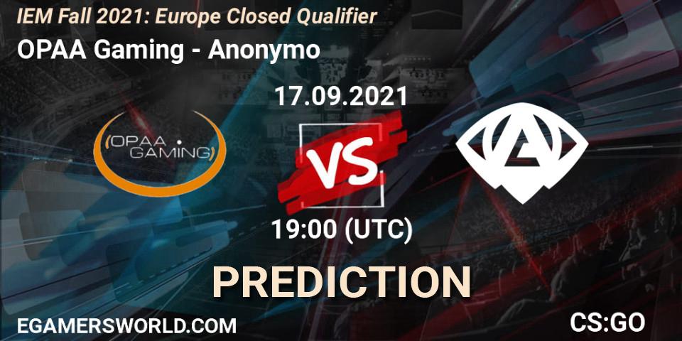 OPAA Gaming vs Anonymo: Match Prediction. 17.09.2021 at 19:00, Counter-Strike (CS2), IEM Fall 2021: Europe Closed Qualifier