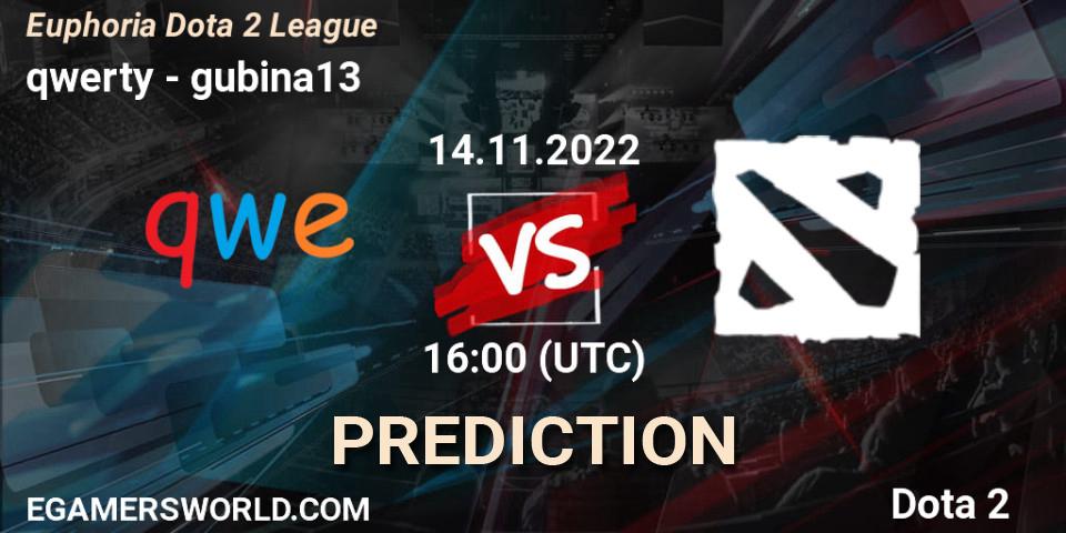 qwerty vs gubina13: Match Prediction. 14.11.2022 at 16:10, Dota 2, Euphoria Dota 2 League