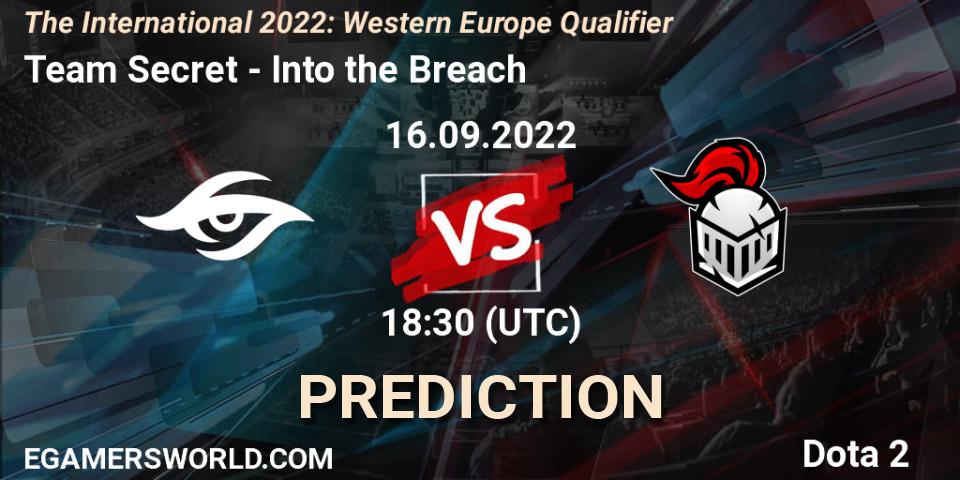 Team Secret vs Into the Breach: Match Prediction. 17.09.2022 at 10:00, Dota 2, The International 2022: Western Europe Qualifier