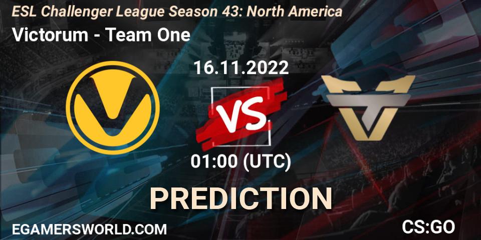 Victorum vs Team One: Match Prediction. 16.11.2022 at 01:00, Counter-Strike (CS2), ESL Challenger League Season 43: North America
