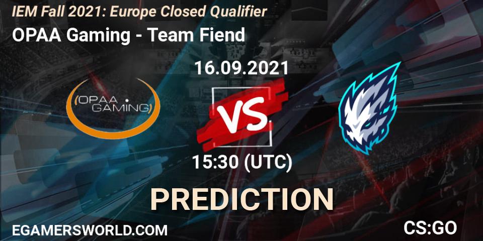 OPAA Gaming vs Team Fiend: Match Prediction. 16.09.2021 at 15:30, Counter-Strike (CS2), IEM Fall 2021: Europe Closed Qualifier