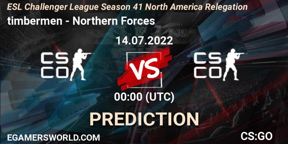 timbermen vs Northern Forces: Match Prediction. 14.07.2022 at 00:00, Counter-Strike (CS2), ESL Challenger League Season 41 North America Relegation