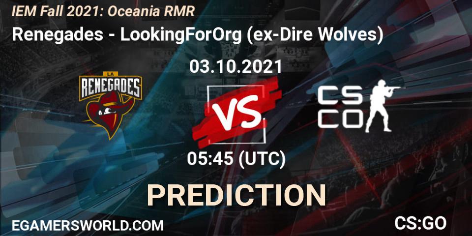 Renegades vs LookingForOrg (ex-Dire Wolves): Match Prediction. 03.10.2021 at 05:45, Counter-Strike (CS2), IEM Fall 2021: Oceania RMR