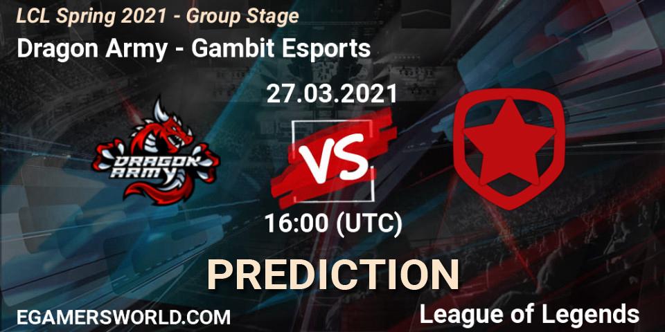 Dragon Army vs Gambit Esports: Match Prediction. 27.03.2021 at 16:00, LoL, LCL Spring 2021 - Group Stage