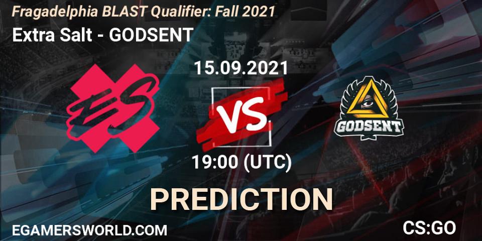 Extra Salt vs GODSENT: Match Prediction. 15.09.2021 at 20:10, Counter-Strike (CS2), Fragadelphia BLAST Qualifier: Fall 2021