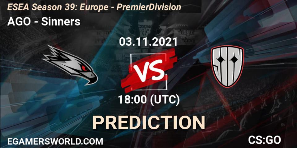 AGO vs Sinners: Match Prediction. 03.11.2021 at 18:00, Counter-Strike (CS2), ESEA Season 39: Europe - Premier Division