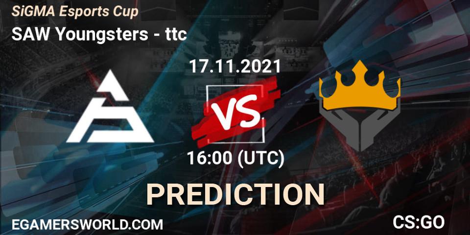 SAW Youngsters vs ttc: Match Prediction. 17.11.2021 at 16:00, Counter-Strike (CS2), SiGMA Esports Cup