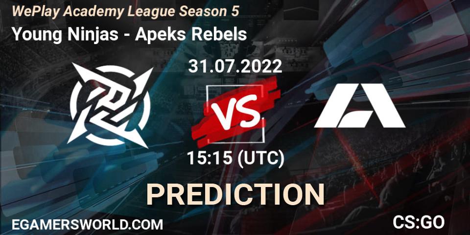 Young Ninjas vs Apeks Rebels: Match Prediction. 31.07.2022 at 15:15, Counter-Strike (CS2), WePlay Academy League Season 5