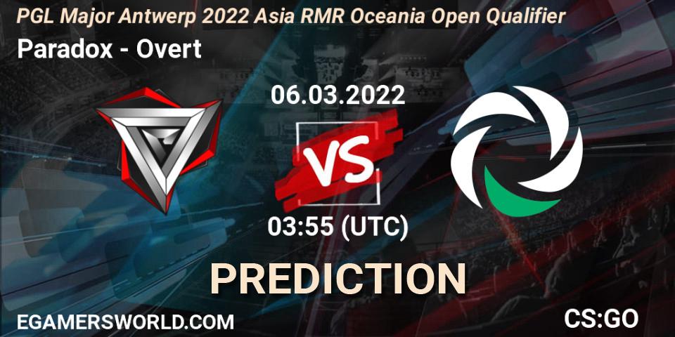 Paradox vs Overt: Match Prediction. 06.03.2022 at 03:55, Counter-Strike (CS2), PGL Major Antwerp 2022 Asia RMR Oceania Open Qualifier