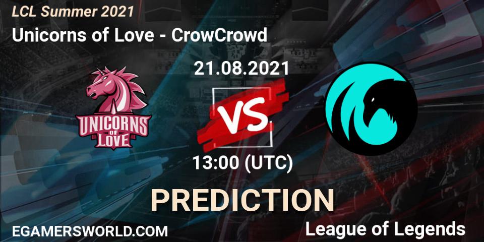 Unicorns of Love vs CrowCrowd: Match Prediction. 21.08.2021 at 13:00, LoL, LCL Summer 2021