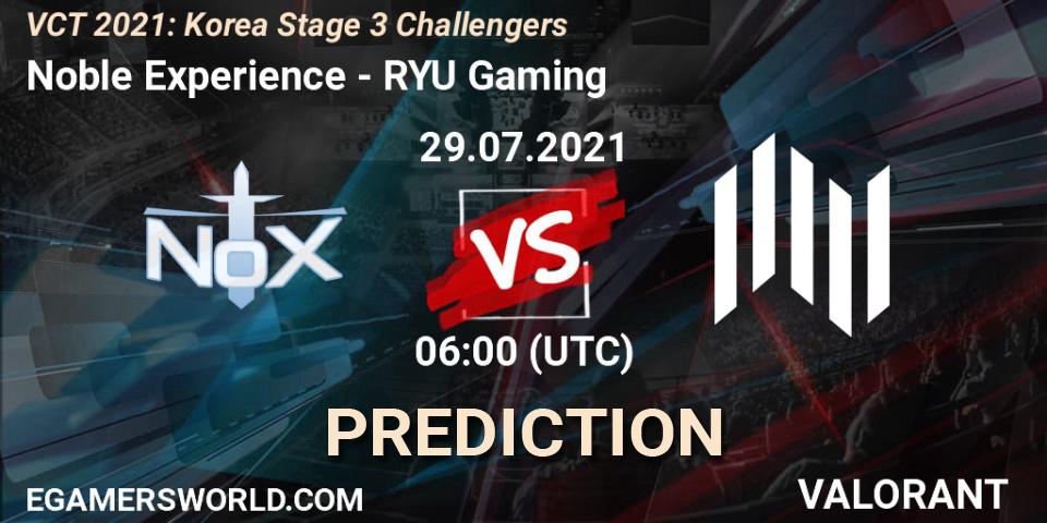 Noble Experience vs RYU Gaming: Match Prediction. 29.07.2021 at 06:00, VALORANT, VCT 2021: Korea Stage 3 Challengers