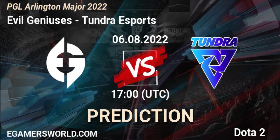 Evil Geniuses vs Tundra Esports: Match Prediction. 06.08.2022 at 17:23, Dota 2, PGL Arlington Major 2022 - Group Stage