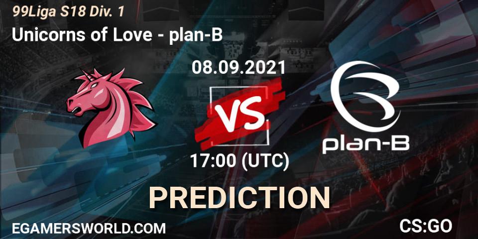 Unicorns of Love vs plan-B: Match Prediction. 20.10.2021 at 17:00, Counter-Strike (CS2), 99Liga S18 Div. 1