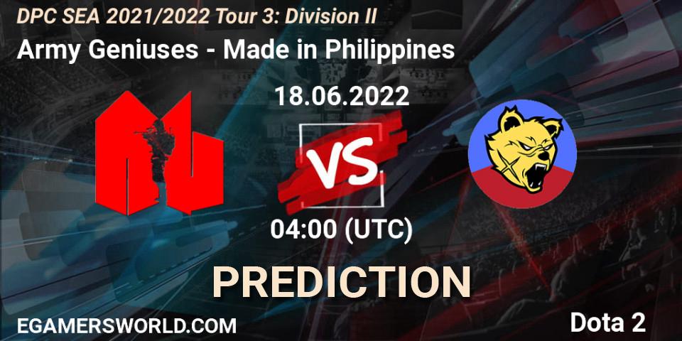 Army Geniuses vs Made in Philippines: Match Prediction. 18.06.2022 at 04:07, Dota 2, DPC SEA 2021/2022 Tour 3: Division II