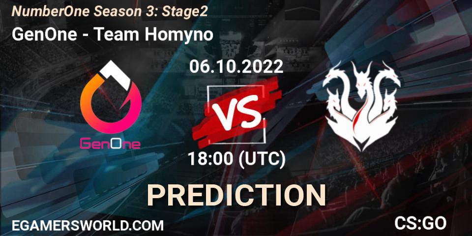 GenOne vs Team Homyno: Match Prediction. 06.10.2022 at 18:00, Counter-Strike (CS2), NumberOne Season 3: Stage 2
