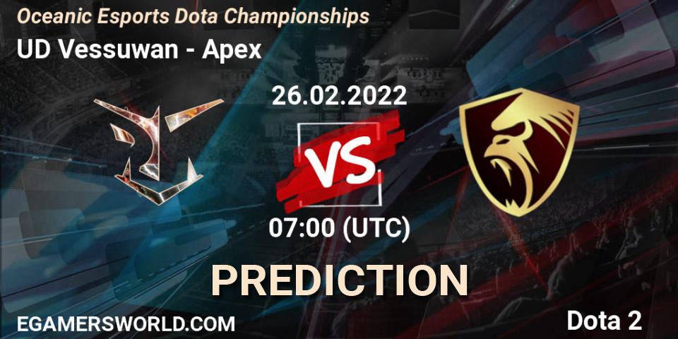 UD Vessuwan vs Apex: Match Prediction. 26.02.2022 at 07:22, Dota 2, Oceanic Esports Dota Championships